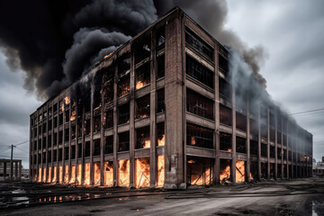 Large Factory Building With Flames And Smoke. Generative AI
