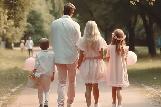 Back view. Ηappy family with children in pastel pink clothes walks in park with cotton candy and balloons. summer sunny day in garden. Realistic photo created by artificial intelligence. Generative AI