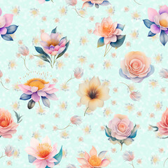 Wallpaper endless pattern of beautiful flowers for backgrounds, tapestries, prints. Seamless pattern with colorful Flowers for decorative rapport on green mint background. Generative ai
