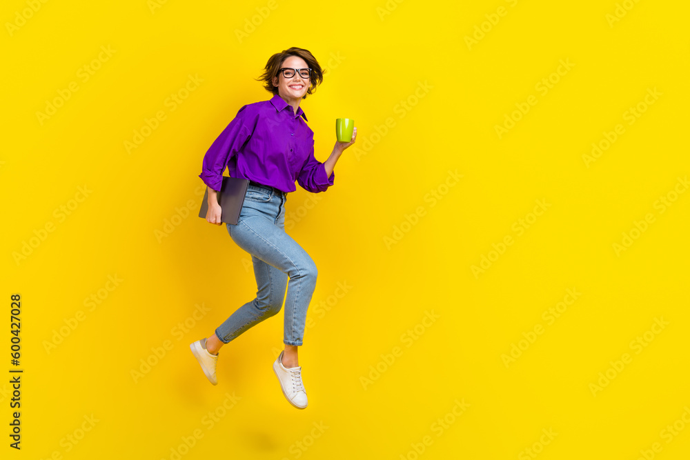 Poster full length photo of running it specialist girl junior programmer hold coffee hurry up her coworking