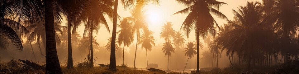 Golden Sun Setting Behind Grove Of Palm Trees On Tropical Island. Panoramic Banner. Generative AI