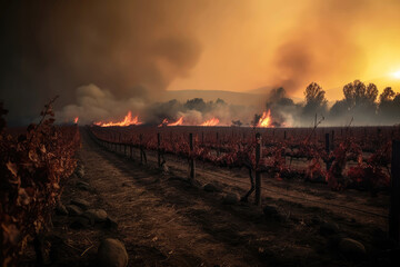 Vineyard With Smoke And Flames In The Background. Generative AI