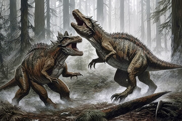 Dinosaurs Allosaurus Attacking Stegosaurus. Generative AI