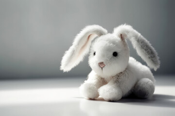 White Bunny Plush Toy On White Background, In The Style Of Minimalist Photography And Soft Textures. Generative AI