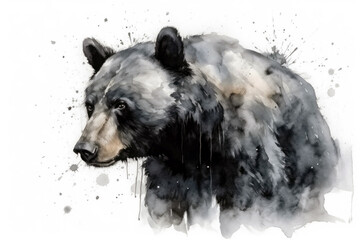 Beautiful Watercolor Drawing Black Bear On A White Background, Minimalist Style. Generative AI