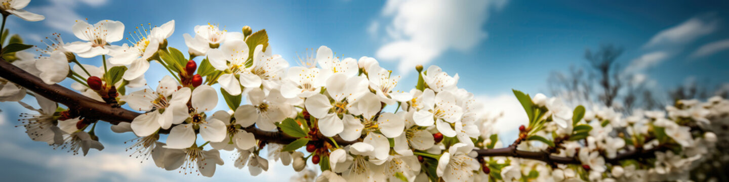 Blue Sky With White Clouds And Flowers Springtime Peaceful Sky. Panoramic Banner. Generative AI
