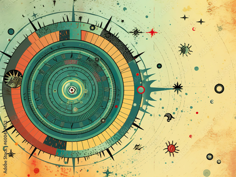 Poster a circular clock with a lot of different symbols around it. generative ai.