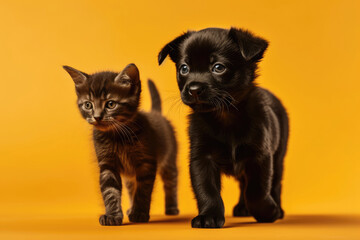 On Yellow Background, Black Kitten And Brown Puppy Walk In Unison. Generative AI