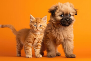 On Orange Background, Fluffy Puppy And Kitten Walk Together Closely. Generative AI