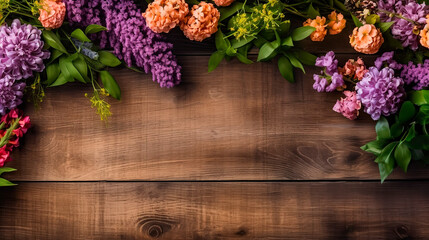 Garden flowers and plants on isolated wooden board background with copyspace. Generative AI