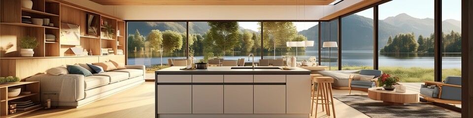 a luxury and modern open plan living room, dining and kitchen interior with a lakeside and mountain view, AI rendered