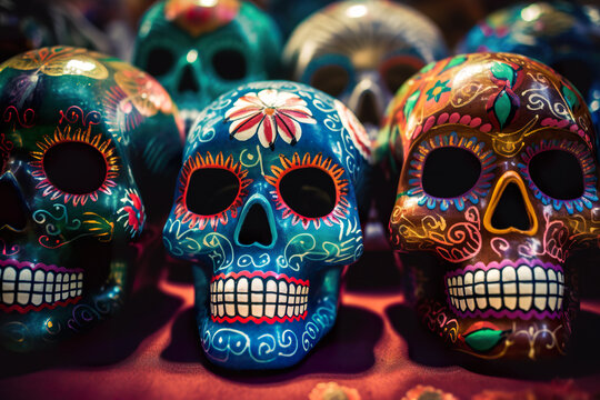 A group of colorful sugar skulls sitting on top of a table, Day of the Dead traditional symbol. AI generative.