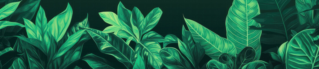 Naklejka na ściany i meble Tropical Green Leaves On Green Background. Panoramic Banner. Generative AI