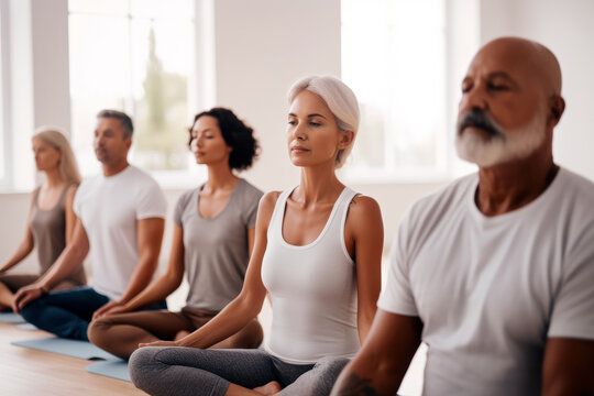 diverse group of people practicing meditation together, Generative AI