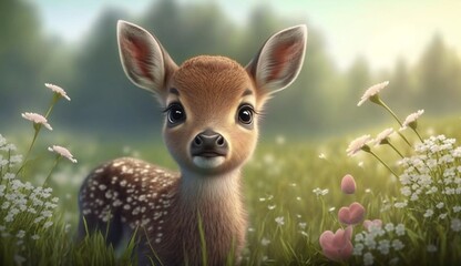 Cute Cartoon Baby Deer in a Spring Meadow. Generative AI.