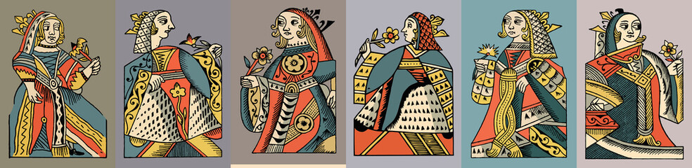 Set of ancient lady, vector illustrations in vintage dress style.