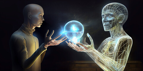 Two humanoid aliens pass each other from hand to hand a large ball that glows brightly in the dark. Generative AI