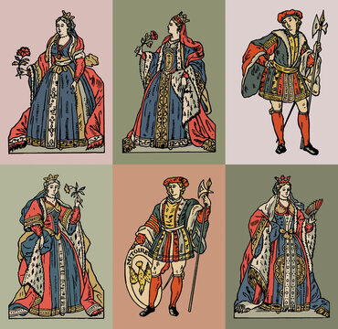 Set of vector illustrations of medieval characters in retro style. Colored hand-drawn illustrations.