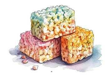 Watercolor Drawing Rice Krispie Treats On White Background. Generative AI