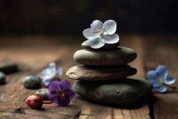 Zen Stones Stacked On Top Of Each Other With Small Flowers Standing On Wooden Background Copy Space. Generative AI