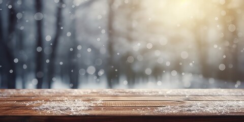 wooden table in the background with snow