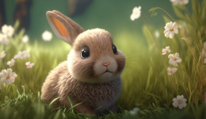 Cute Cartoon Bunny Rabbit in a Meadow. Generative AI.