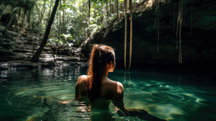 woman bathing in a rainforest lake, Generative AI - obrazy, fototapety, plakaty