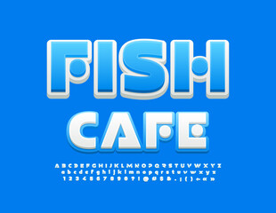 Vector modern emblem Fish Cafe. Unique White and Blue Font. Artistic style set of futuristic Alphabet Letters and Numbers