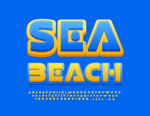 Vector holiday Emblem Sea Beach. Yellow and Blue modern Font. Creative Alphabet Letters and Numbers set