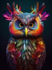 Naklejka premium Owl psychedelic colour illustration with surreal feather. Generative AI.