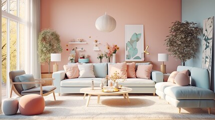A living room decorated for Easter with pastel colors Generative AI 