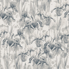 Summer meadow iris flowers watercolor monochrome seamless pattern on gray background