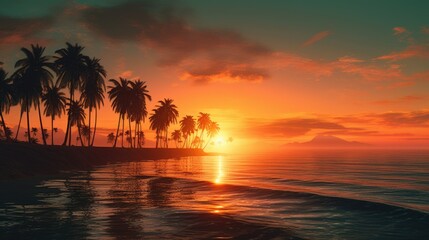 A fiery sunset over a calm ocean with a silhouette of palm trees. Generative AI  