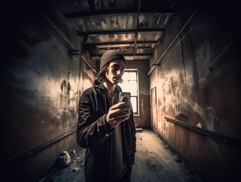 An Edgy And Urban Portrait Of A Young Man Using His Smartphone In A Grungy Environment. 