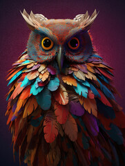 Obraz premium Owl psychedelic colour illustration with surreal feather. Generative AI.
