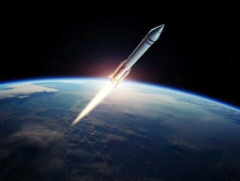 Rakete im All vor der blauen Erde