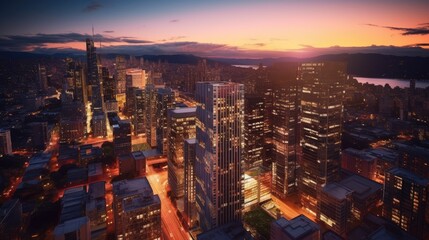 Fototapeta premium An aerial view of a modern city skyline buildings over the sunset. Generative AI 