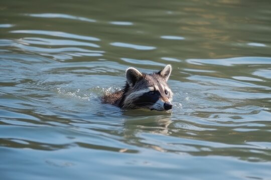 Raccoon is swimming in the lake. Beautiful illustration picture. Generative AI