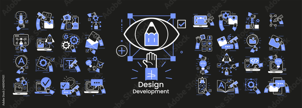 Poster concept illustration set. collection of different design and development scenes and situations. huma