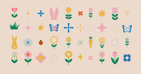 Spring flowers. Spring and Easter elemets collection. Retro vintage geometric style. Vector