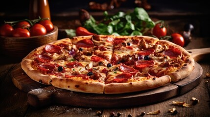 A delicious pizza with tomatoes and cheese toppings on a wooden table. Generative AI 