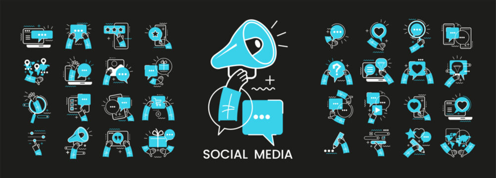 Concept illustration set. Collection of different social media scenes and situations. Human hands with icons and images. Social network, digital marketing, online communication, internet services.