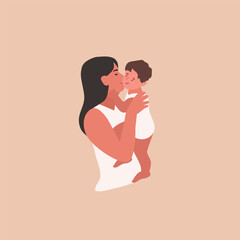 Mom holding little son. Motherhood. Simple doodle. Vector