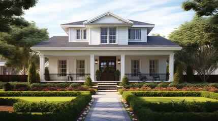 Fototapeta premium A house exterior with a well-manicured front lawn garden. Generative AI 