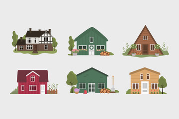 Cute houses. Summer spring garden. Cottage town home. Vector