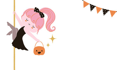Cute smiling girl on a pole dance holding a Halloween bucket. Triangle black and orange bunting flag decorations for party. Hand drawn elements background with copy space.