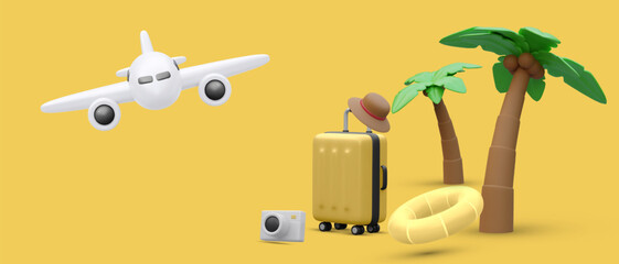 Time to travel concept poster in 3d realistic style with suitcase, palm tree, airplane, bitch ball, lifebuoy ,hat .Vector illustration.