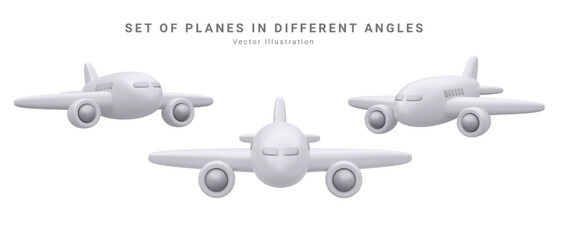 Set of 3d realistic render airplane isolated on white background. Vector illustration.
