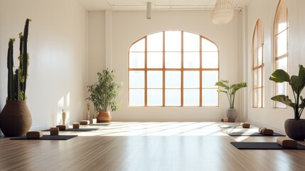 A modern yoga studio with soft natural light and minimal decor. Generative AI
