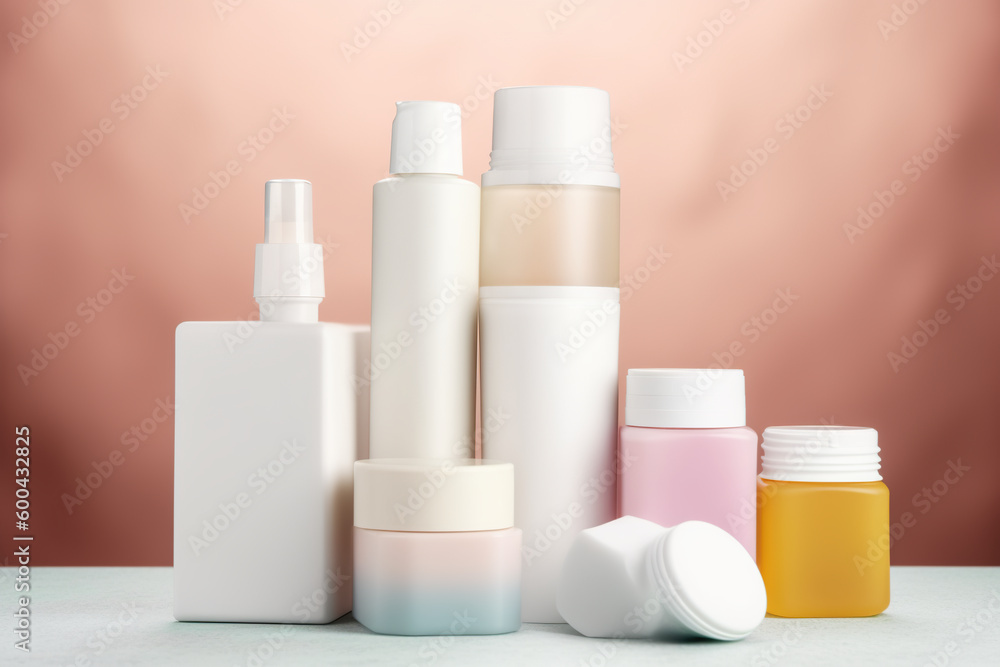 Poster a table topped with bottles of different types of skin care products. ai generative. generative ai